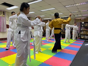 White-belt trainees learned Taekwondo fundamental skills from Master.