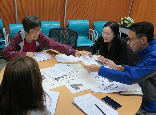 Ms Tseng Huei (left one), the volunteer and staff of Barrier Free Access (HK) Ltd discussing how to make a professional tactile guide book.